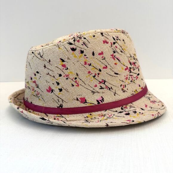 Studio thirtysix 100% Linen Women's Fedora Hat Beige w/ Floral Pattern Pink Bow - Picture 3 of 11